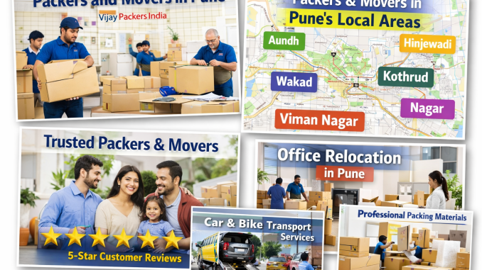 Packers and Movers in Pune - Services including house shifting, office relocation, car & bike transport, professional packing, and coverage across local areas like Aundh, Wakad, Hinjewadi, Kothrud, Viman Nagar, and Magarpatta City by Vijay Packers & Logistics.